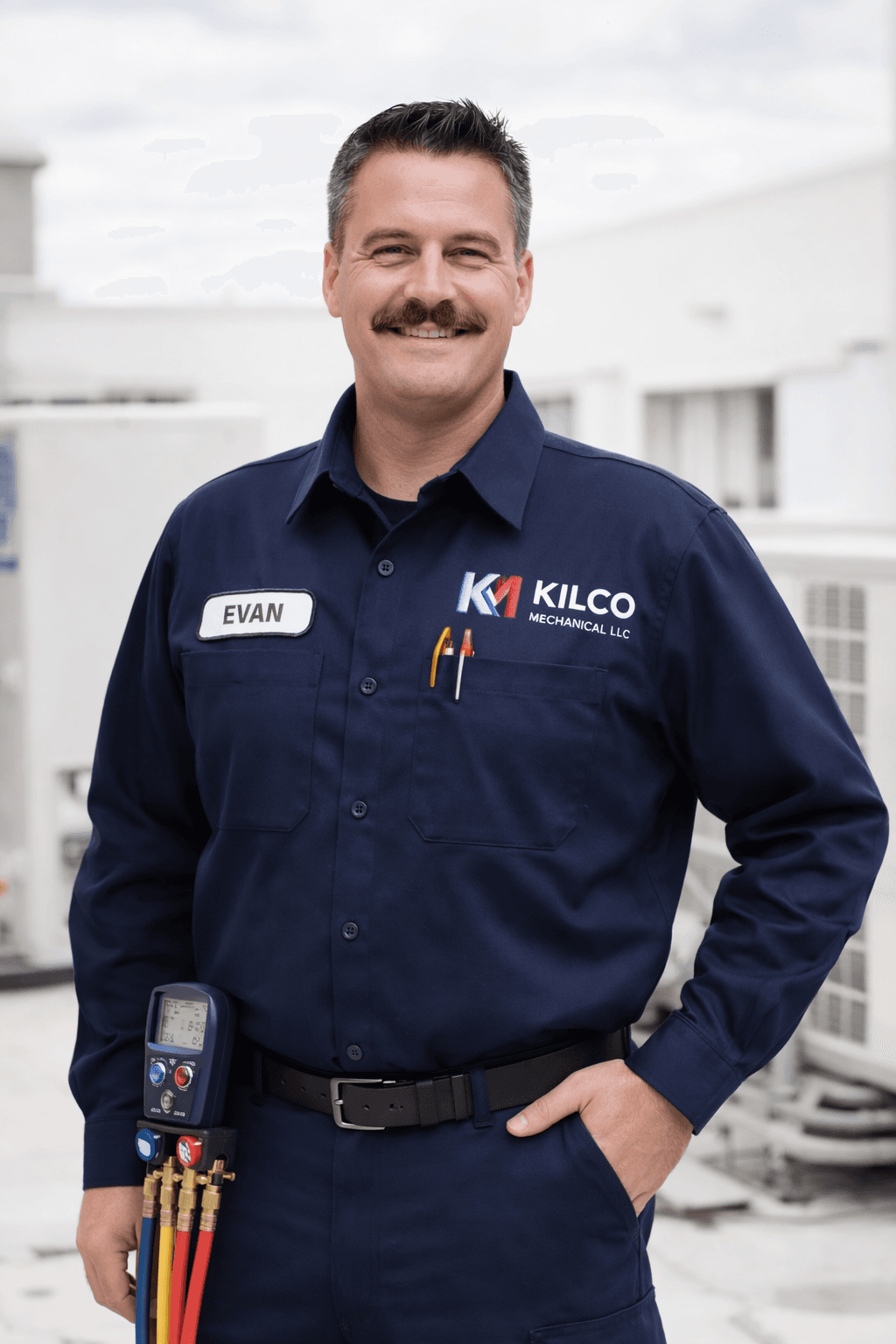 Evan Kilian, owner of Kilco Mechanical, in his work uniform